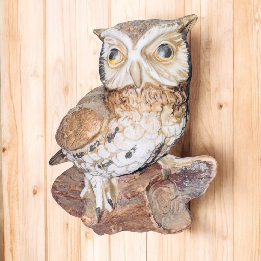 Homco Vintage Owl On Log Figurine #1114